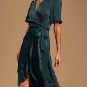 Lulus Dark Green Satin Faux-Wrap Midi Dress